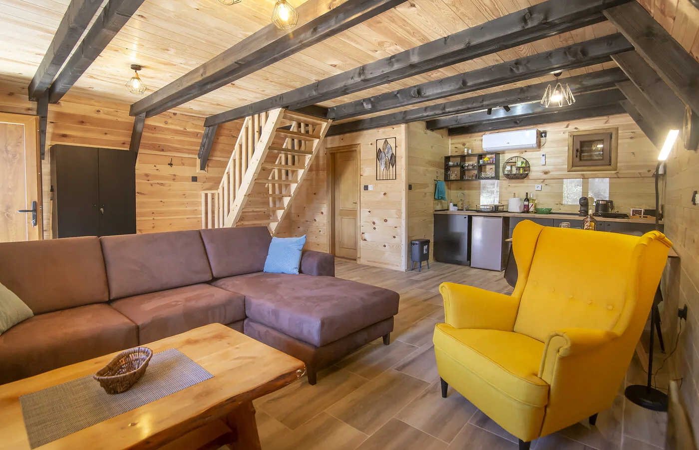 Living room with kitchen and wooden interior
